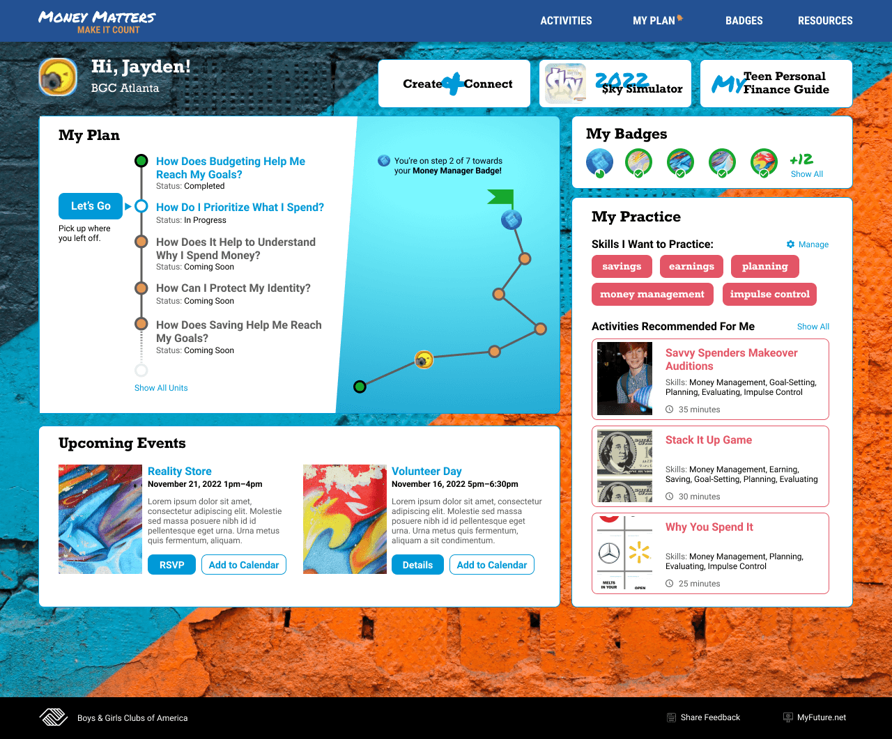 Gamified learning dashboard featuring priorities, badges, and upcoming events.