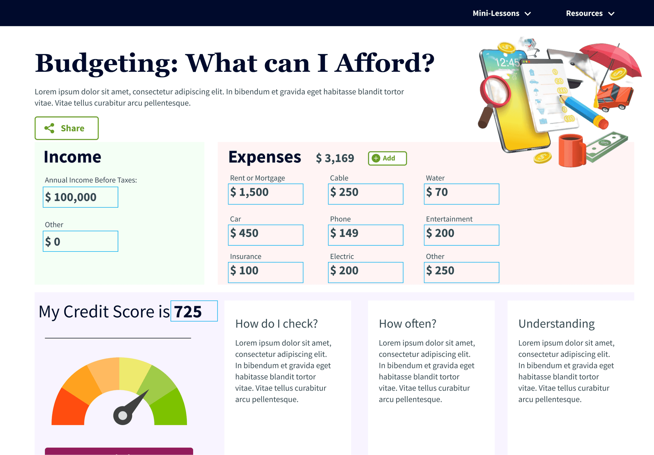 Interactive budgeting activity for determining income and expenses with engaging design focusing on task at hand.