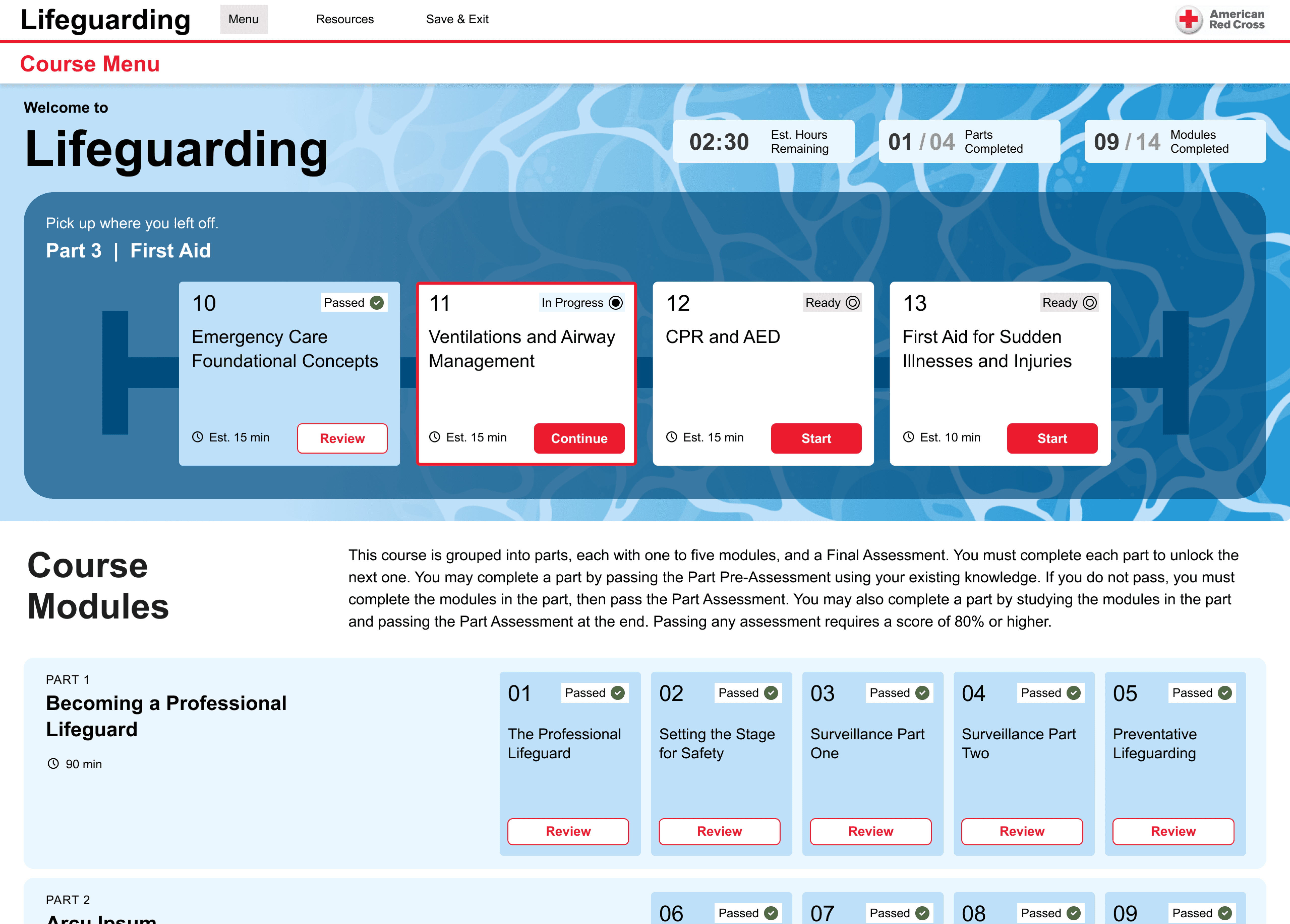 User dashboard to track progress and quickly resume learning.