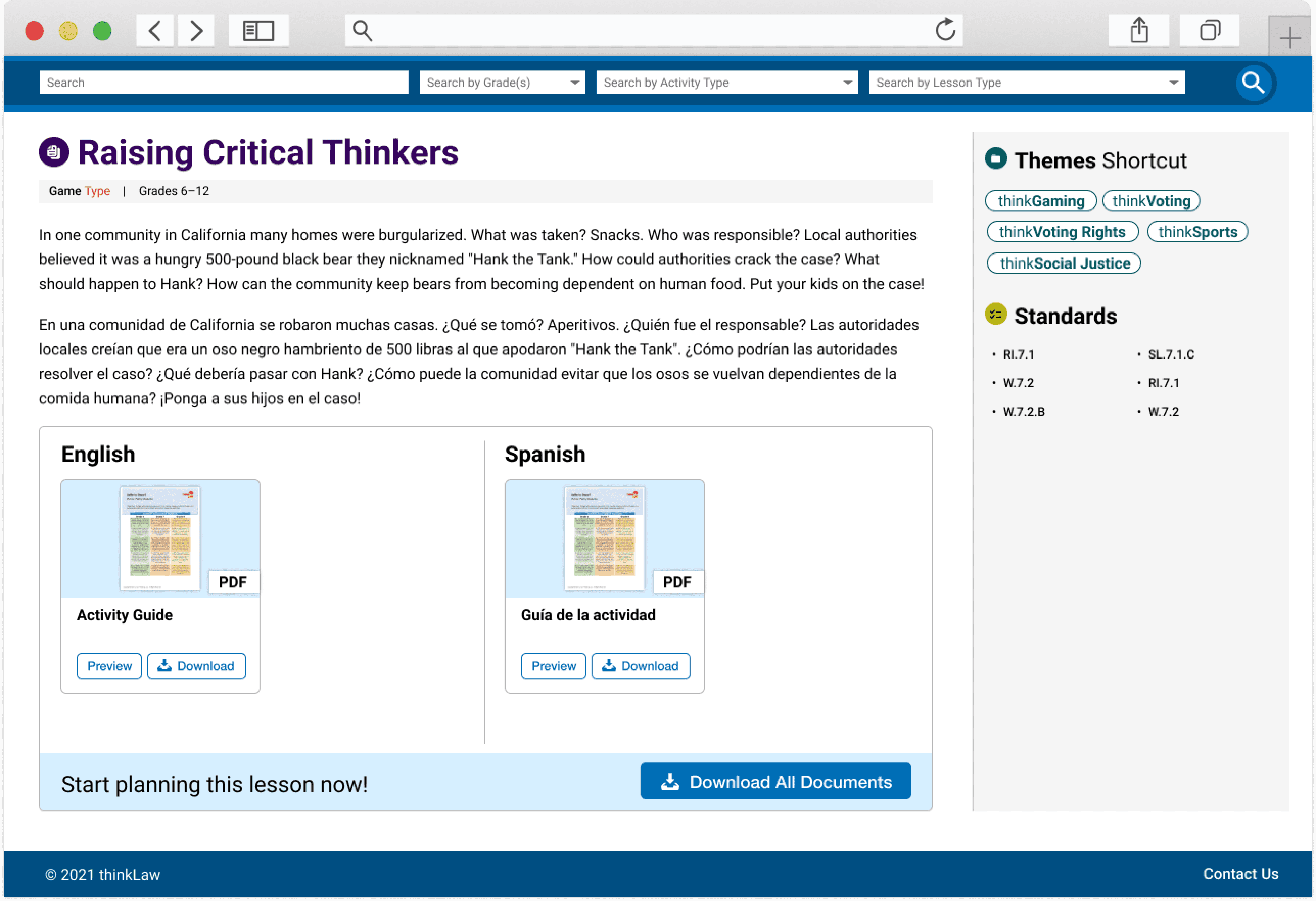 Teacher portal for quick content search, access by tags, and asset downloads.
