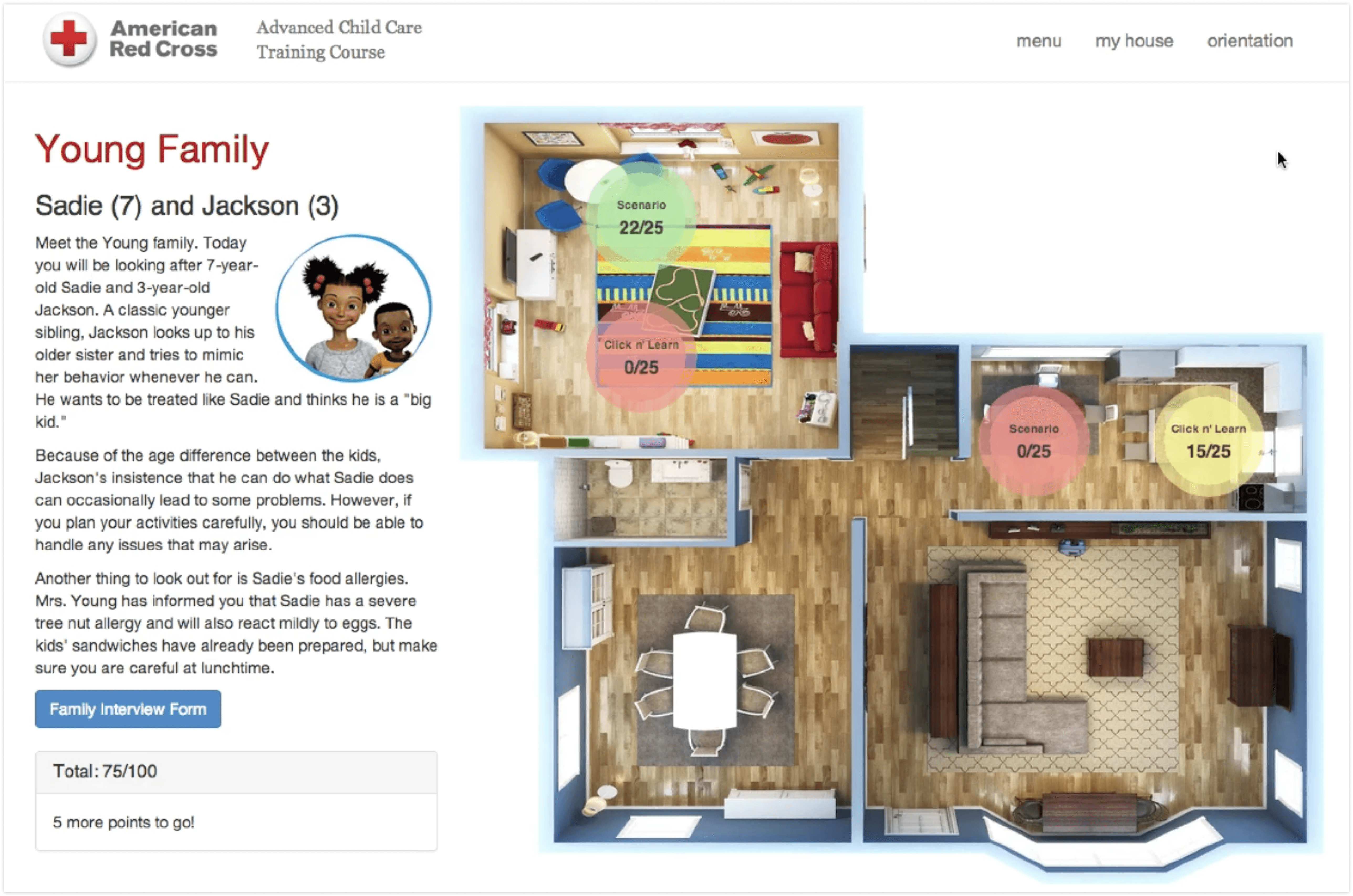 Interactive simulation with 3D house map for free exploration and content engagement.