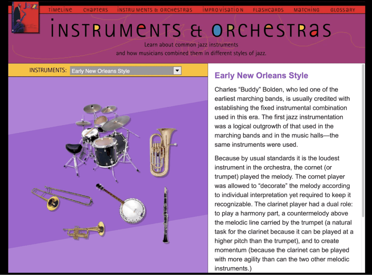 Interactive activity for exploring jazz music and instrument combinations.