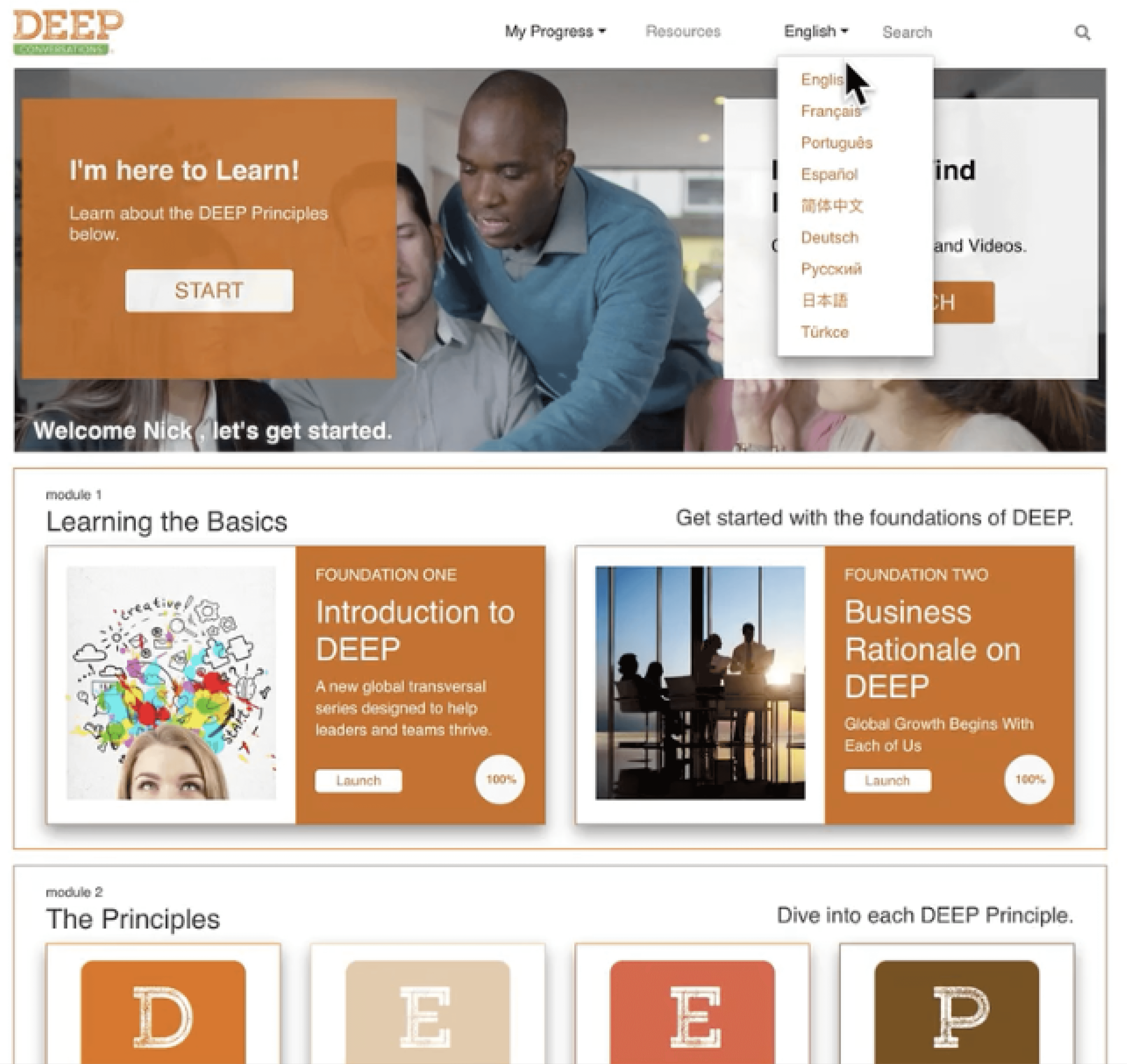 Multilingual dashboard connecting users for focused learning across languages.