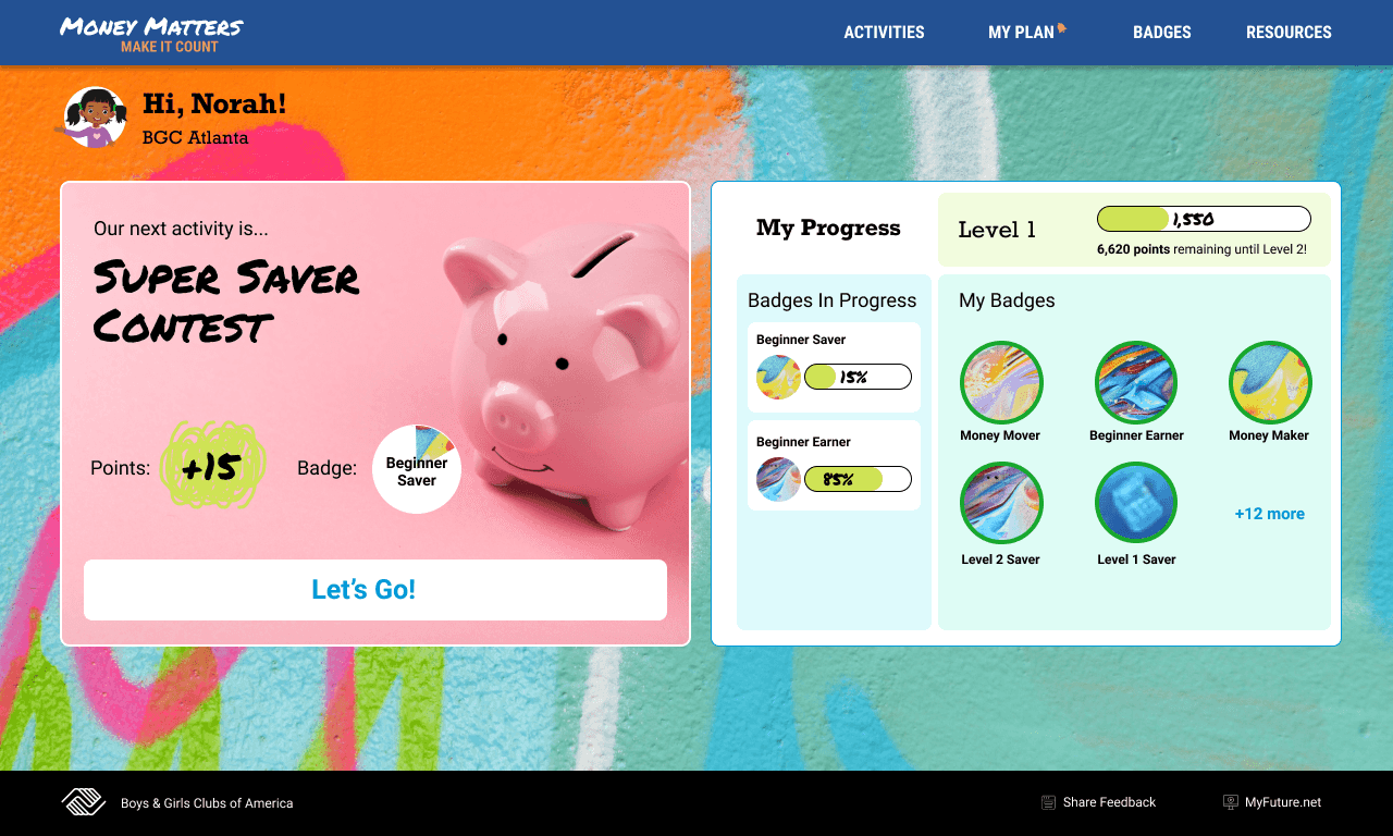 Gamified learning activity for students with status tracking and next steps.